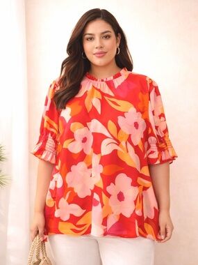 Haptics Pink Ruffle Sleeves and Collar Abstract Floral Print Top!